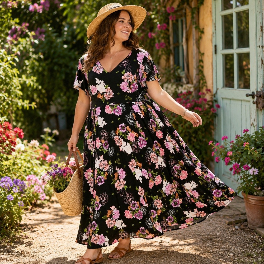 Torrid Floral Maxi Dress Womens 2 Black Pink V-Neck Short Sleeve Empire Waist - Picture 1 of 14